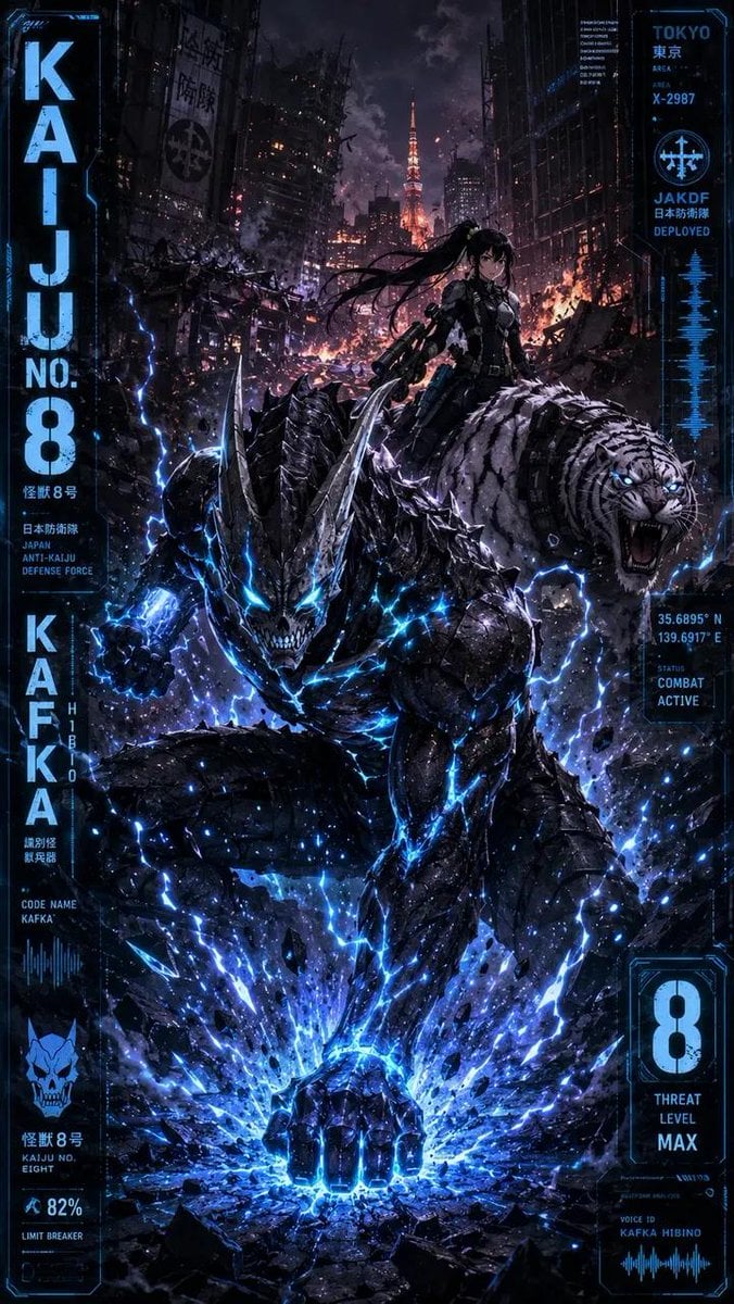 Masterpiece, ultra-detailed dark sci-fi manga illustration of Kaiju No. 8 in an 