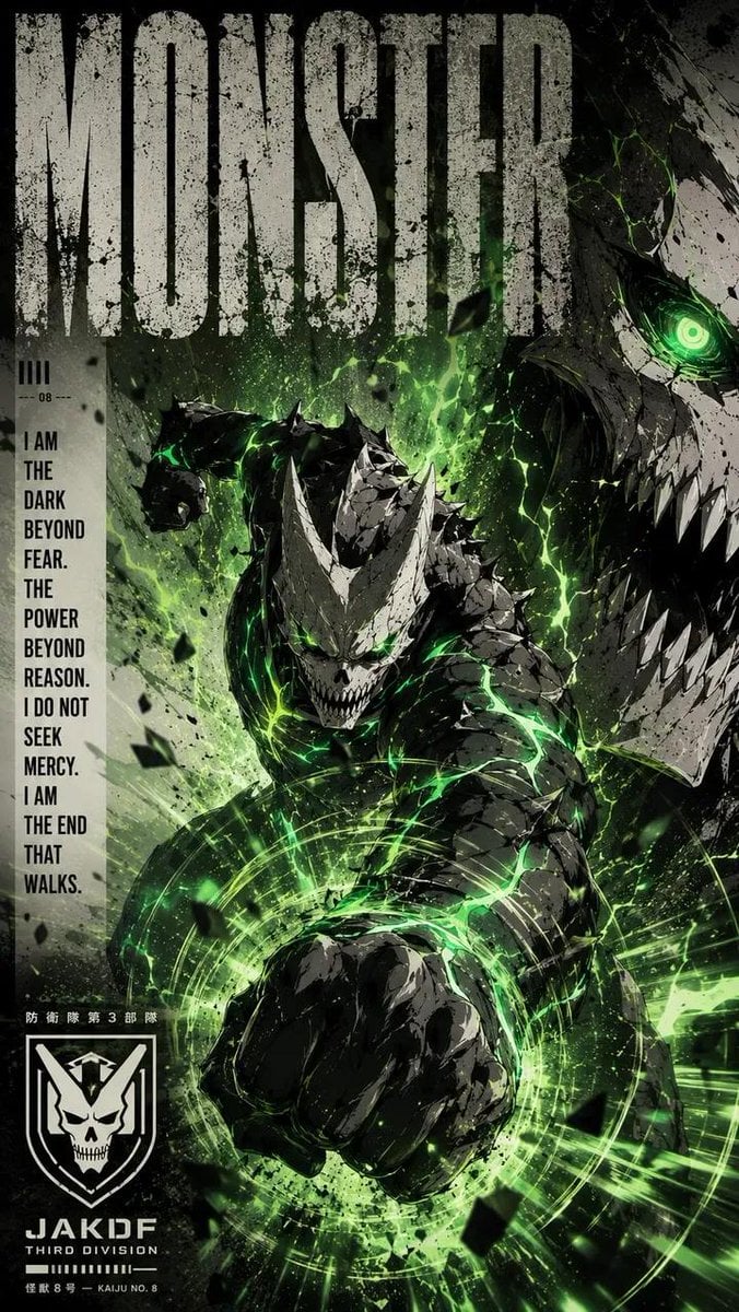 Masterpiece, ultra-detailed dark sci-fi manga illustration of Kaiju No. 8 in an 