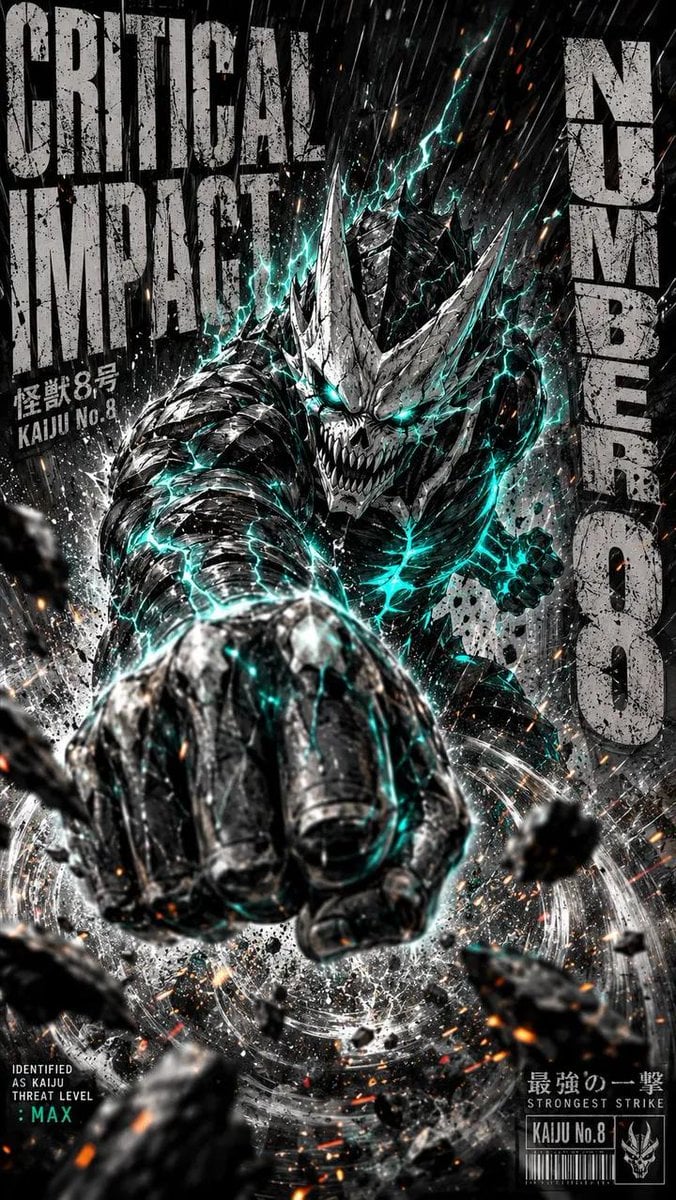 Masterpiece, ultra-detailed dark sci-fi manga illustration of Kaiju No. 8 in an 
