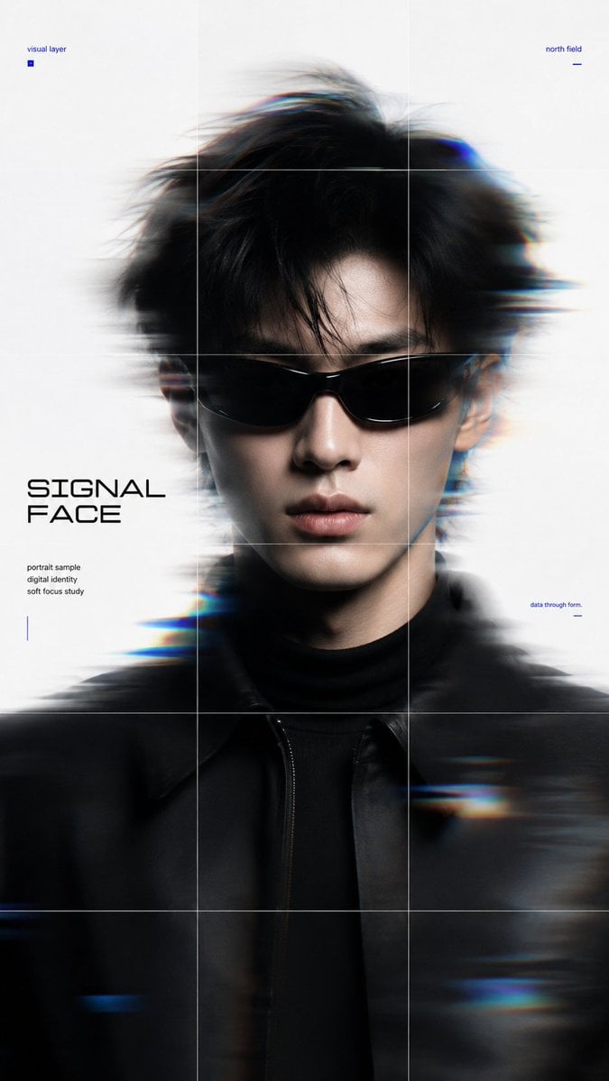 Create a 9:16 high-end experimental portrait poster with a clean editorial layou
