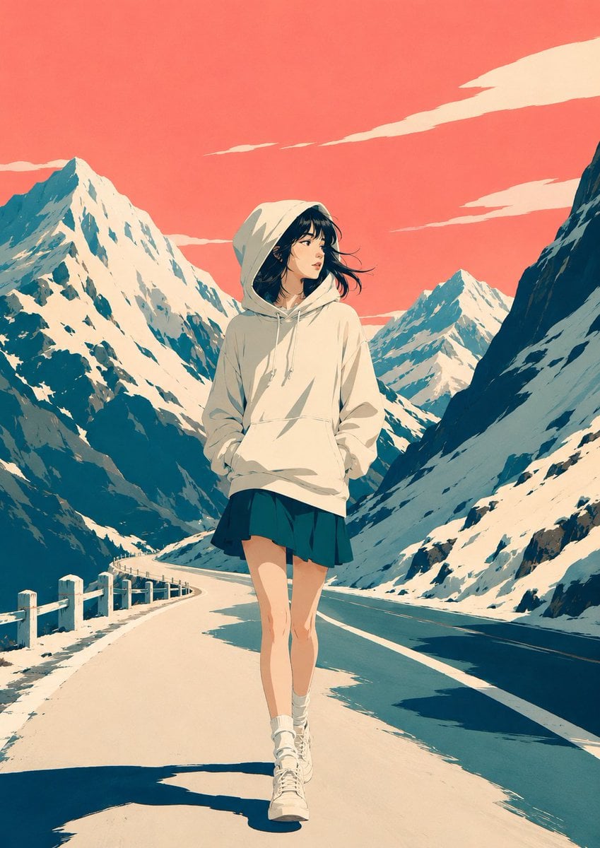 复古旅行海报风格精致日系插画，主体为[主体]。主体为高级日系时装插画风格，轮廓优雅，比例修长，表情清冷克制，细节精致但不过度写实。精致赛璐璐上色，大面积扁平色块