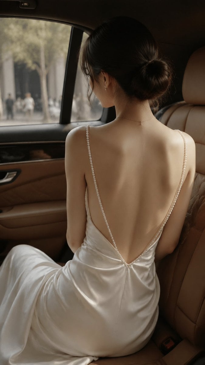 Realistic backless fashion editorial inside a luxury car, vertical 9:16. An adul