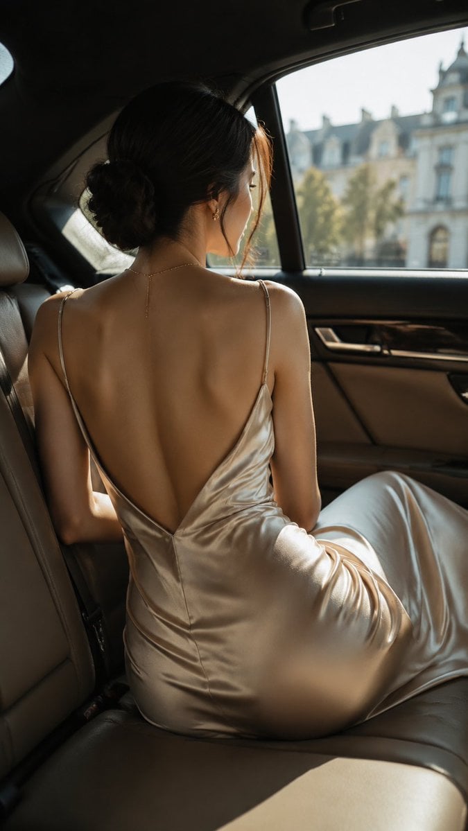 Realistic backless fashion editorial inside a luxury car, vertical 9:16. An adul