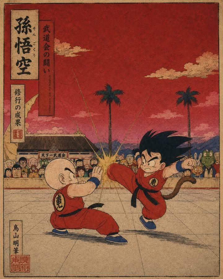 A vintage Japanese ukiyo-e woodblock print reimagining a classic anime martial a