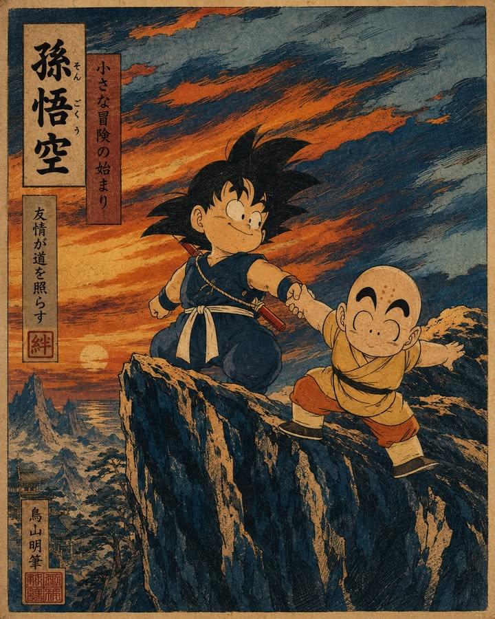 A vintage Japanese ukiyo-e woodblock print reimagining a classic anime martial a