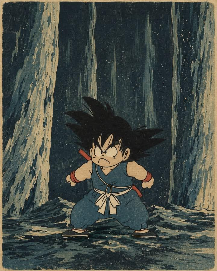 A vintage Japanese ukiyo-e woodblock print reimagining a classic anime martial a