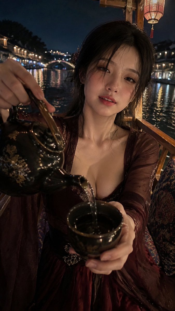 生成一张 9:16 竖版高清写实古风 POV 敬酒互动写真，主题是【[场景] + [动作]】。

画面要像朋友用手机在古风夜游途中近距离抓拍到的真实瞬间，不是商