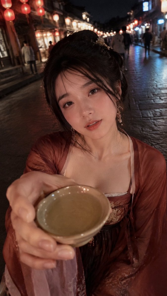 生成一张 9:16 竖版高清写实古风 POV 敬酒互动写真，主题是【[场景] + [动作]】。

画面要像朋友用手机在古风夜游途中近距离抓拍到的真实瞬间，不是商