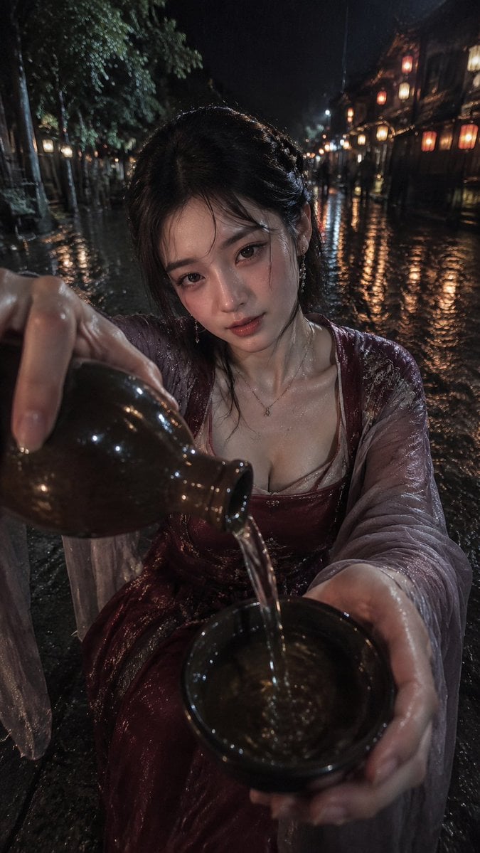 生成一张 9:16 竖版高清写实古风 POV 敬酒互动写真，主题是【[场景] + [动作]】。

画面要像朋友用手机在古风夜游途中近距离抓拍到的真实瞬间，不是商