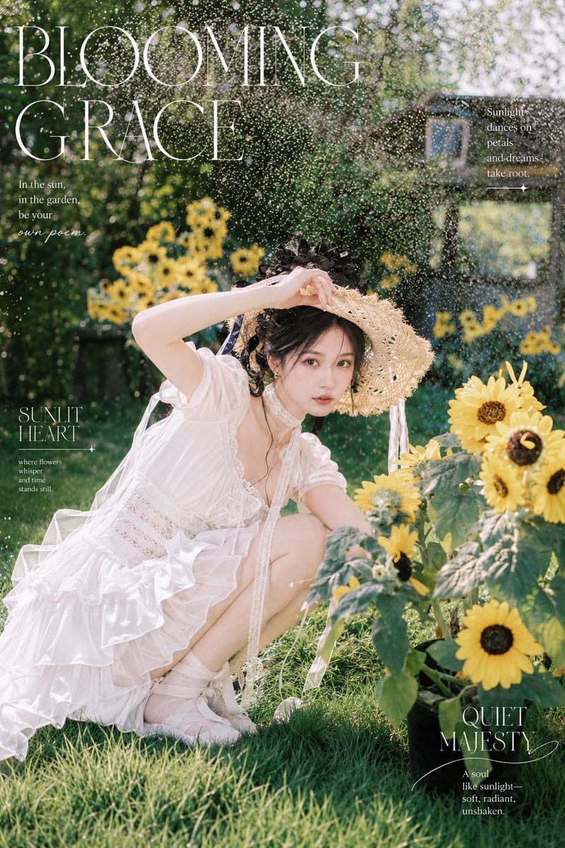 夏日花园里的唯美杂志写真海报，一位年轻成年亚洲女性，清冷淡颜，精致五官，干净自然妆容，眼神安静但有力量，黑色头发盘起，搭配黑色蝴蝶结发饰，发丝微微凌乱，有夏天微