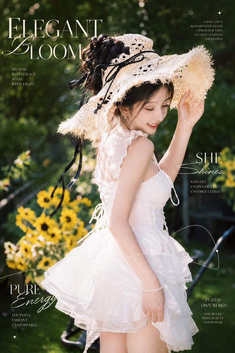 夏日花园里的唯美杂志写真海报，一位年轻成年亚洲女性，清冷淡颜，精致五官，干净自然妆容，眼神安静但有力量，黑色头发盘起，搭配黑色蝴蝶结发饰，发丝微微凌乱，有夏天微