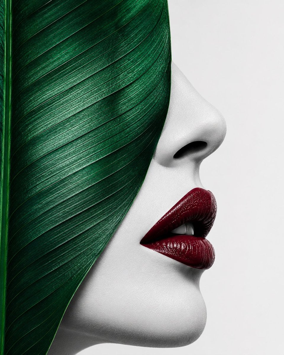 Surreal minimalist digital art, extreme close-up side profile of porcelain-white