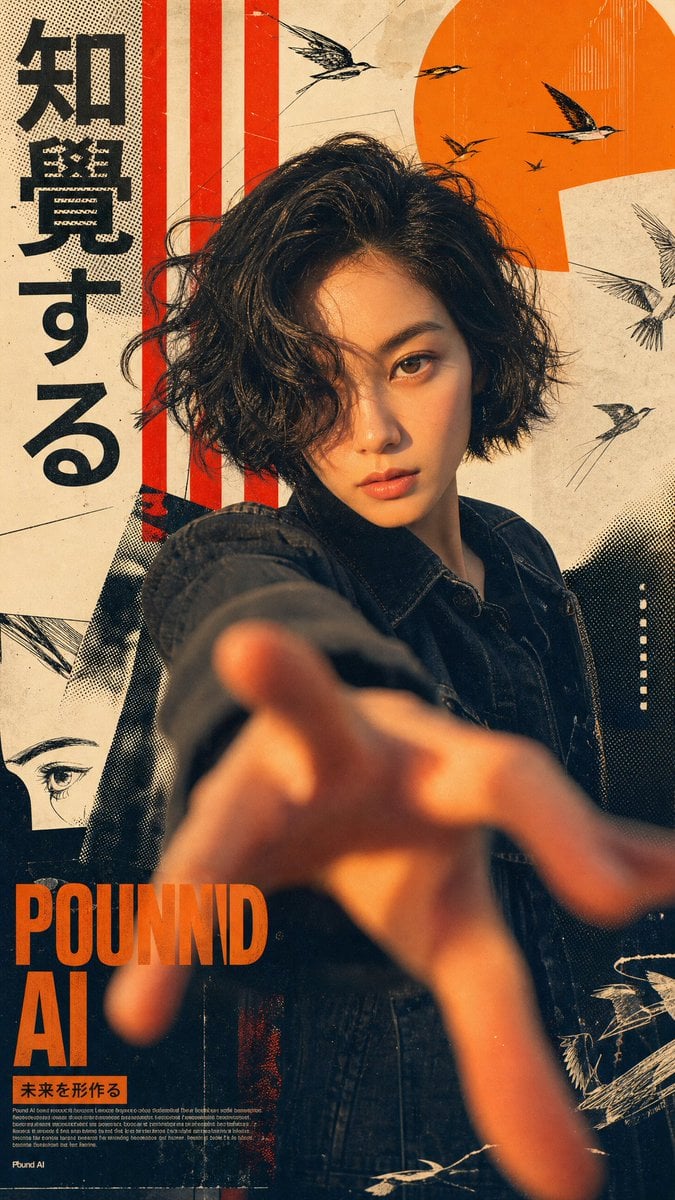 A Mixed media collage artwork featuring a young Asian woman with short wavy blac
