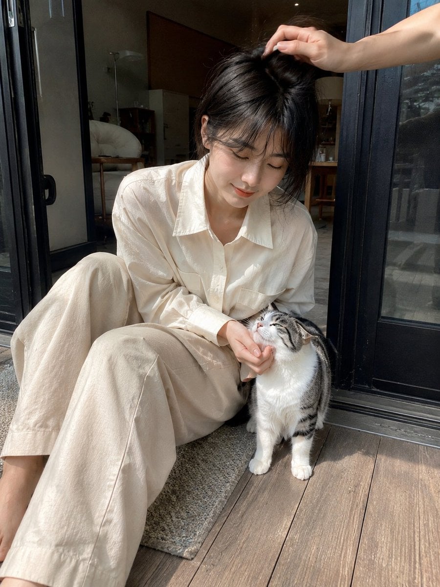 A candid mobile photo of a young East Asian woman sitting at the doorway of a mo