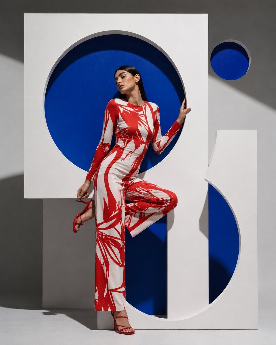 High-fashion editorial photography, young woman with long dark brown hair, dynam