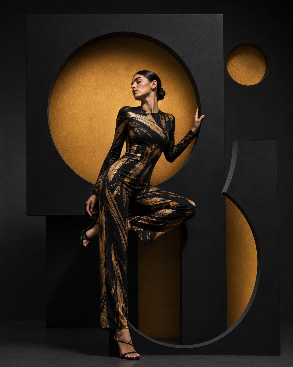 High-fashion editorial photography, young woman with long dark brown hair, dynam
