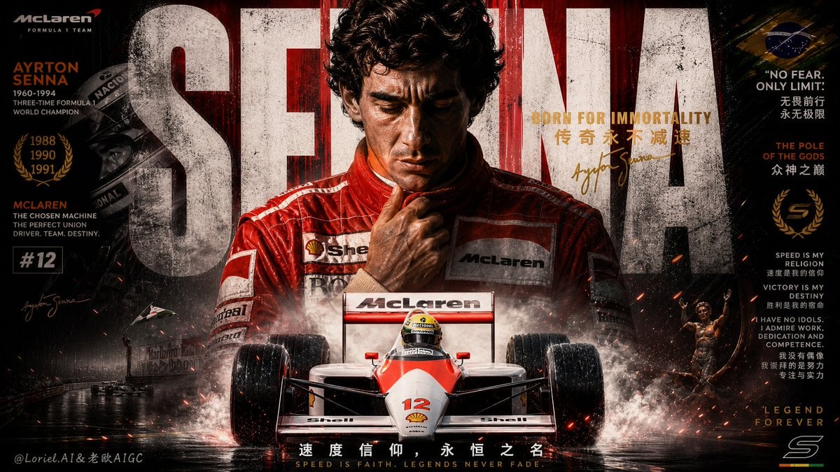 Create an ultra-premium motorsport propaganda-style poster for McLaren, featurin