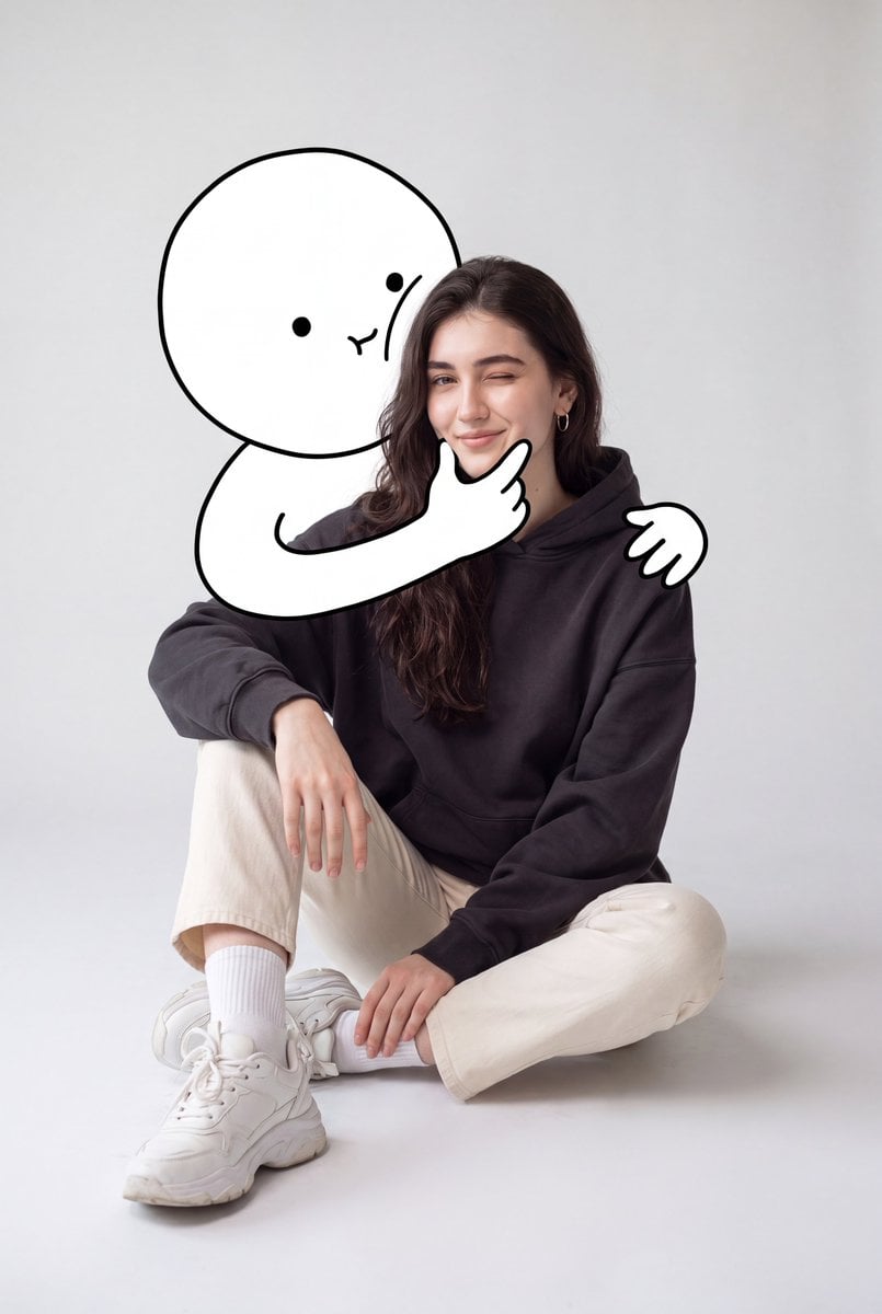 A cute minimalist portrait of a young woman sitting casually on the floor in a c