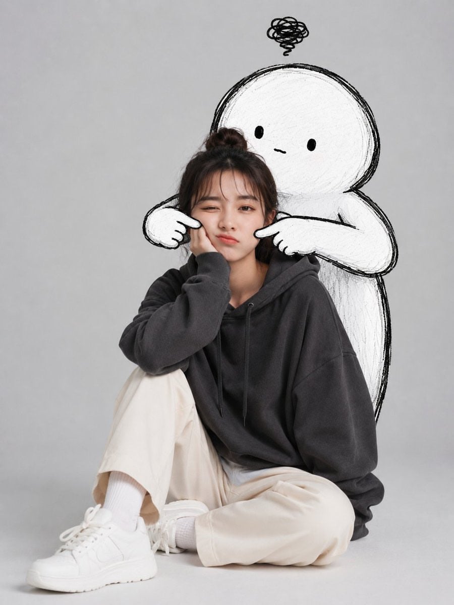A cute minimalist portrait of a young woman sitting casually on the floor in a c