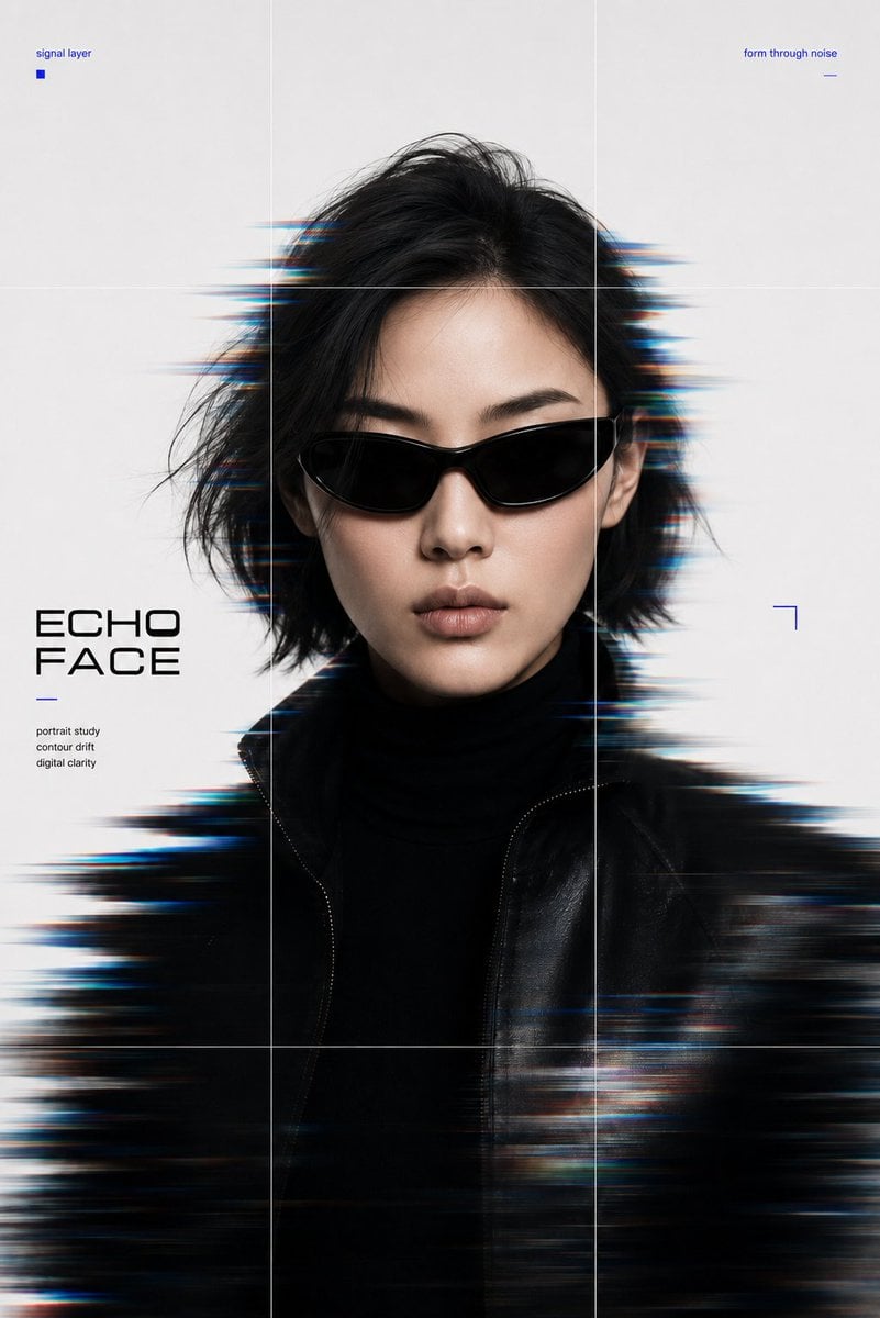 Create a 9:16 high-end experimental identity portrait poster with a cold editori