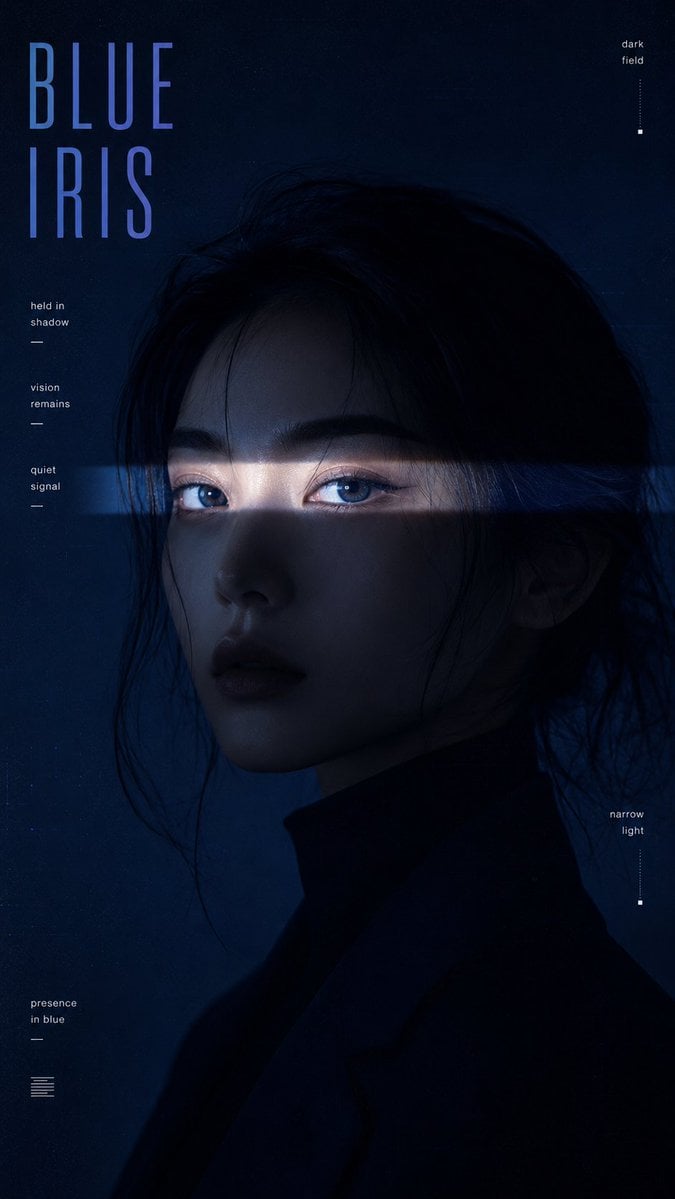 Create a 9:16 high-end experimental identity portrait poster with a cold editori