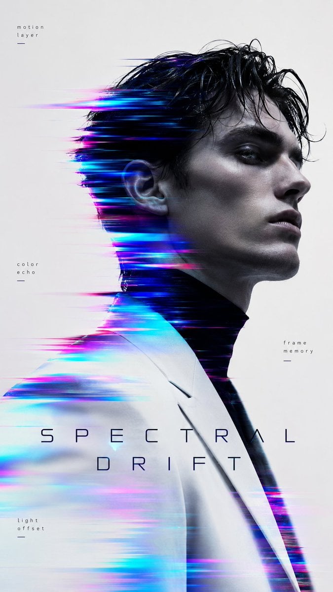 Create a 9:16 high-end experimental identity portrait poster with a cold editori