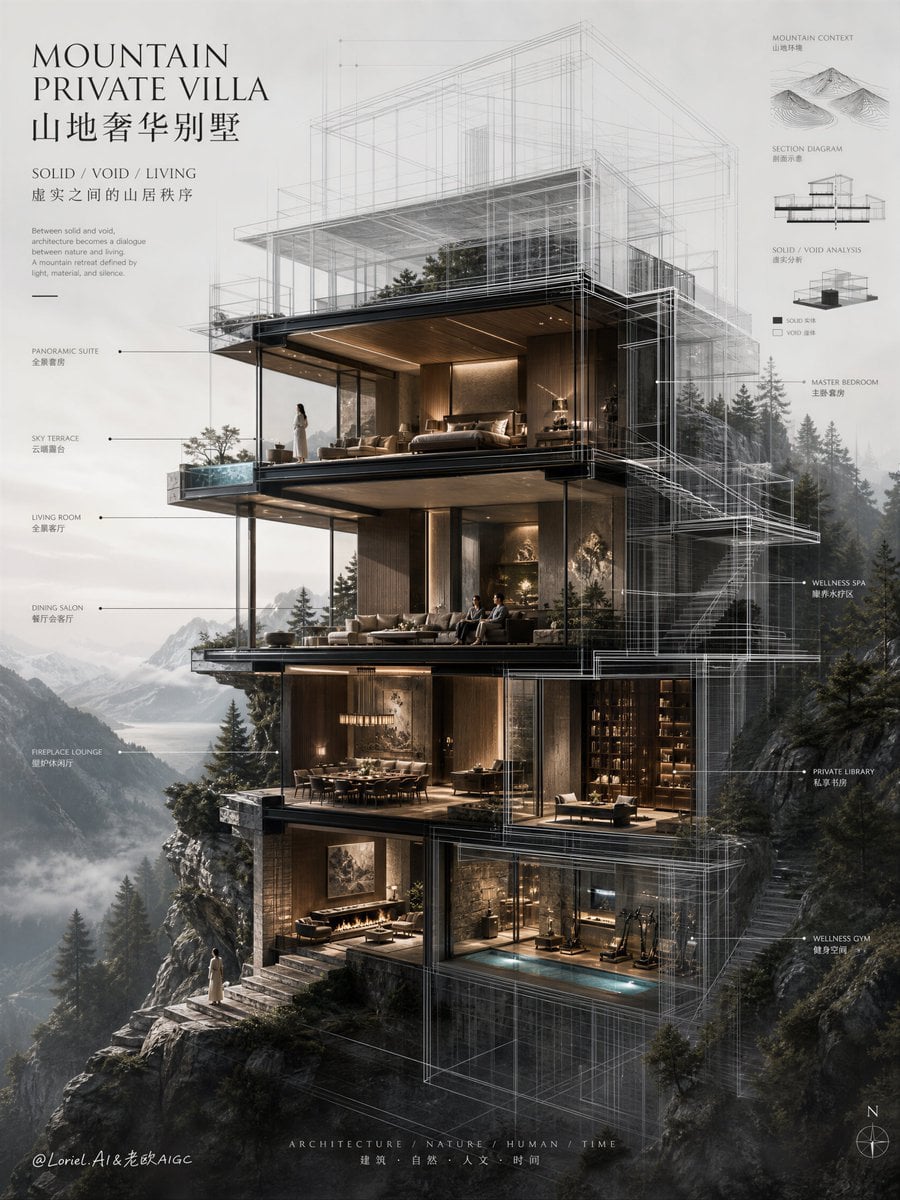 Create an ultra-premium architectural presentation poster for a forest cliff ret