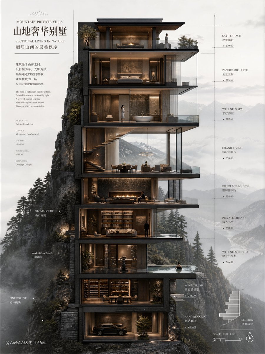 Create an ultra-premium architectural presentation poster for a forest cliff ret