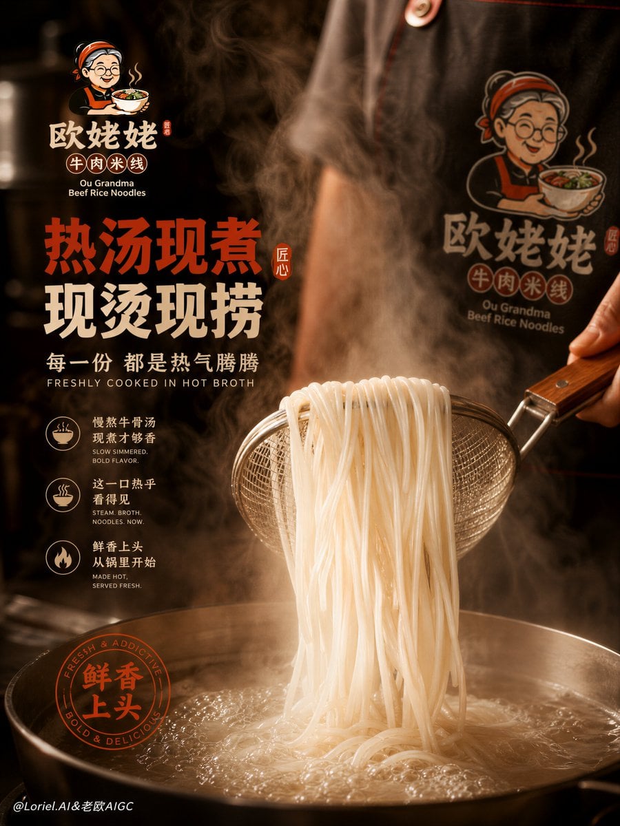 Create the third image of the unified brand visual system for “欧姥姥 牛肉米线” (Ou Gra
