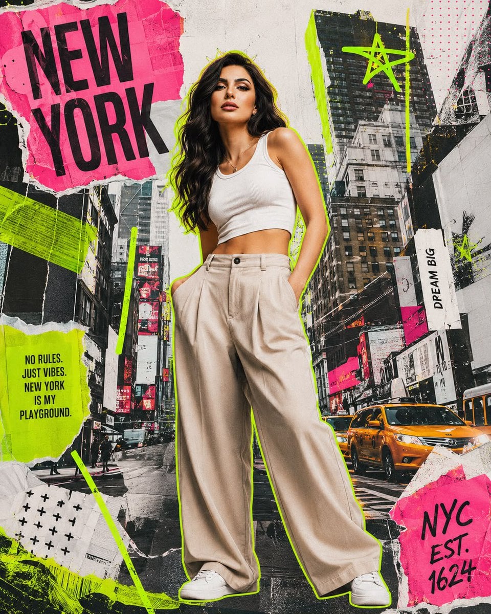 Photorealistic mixed media fashion collage of a cool young woman in a modern urb