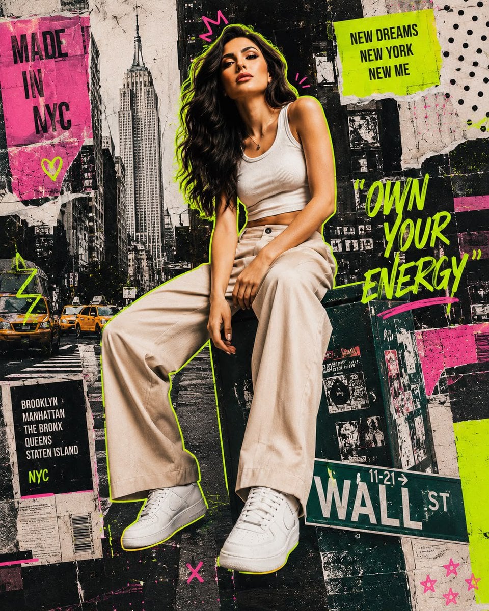 Photorealistic mixed media fashion collage of a cool young woman in a modern urb