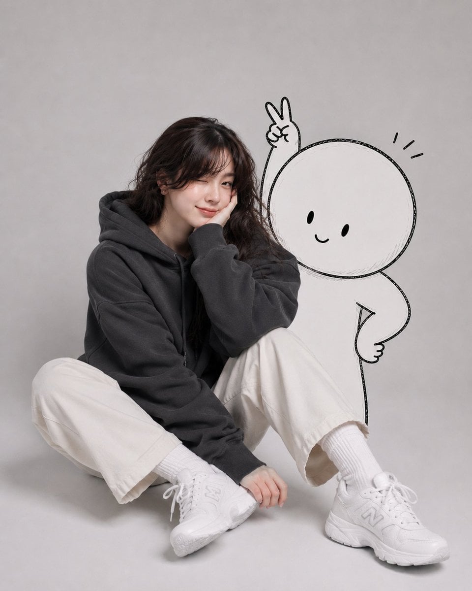 A cute minimalist portrait of a young woman sitting casually on the floor in a c