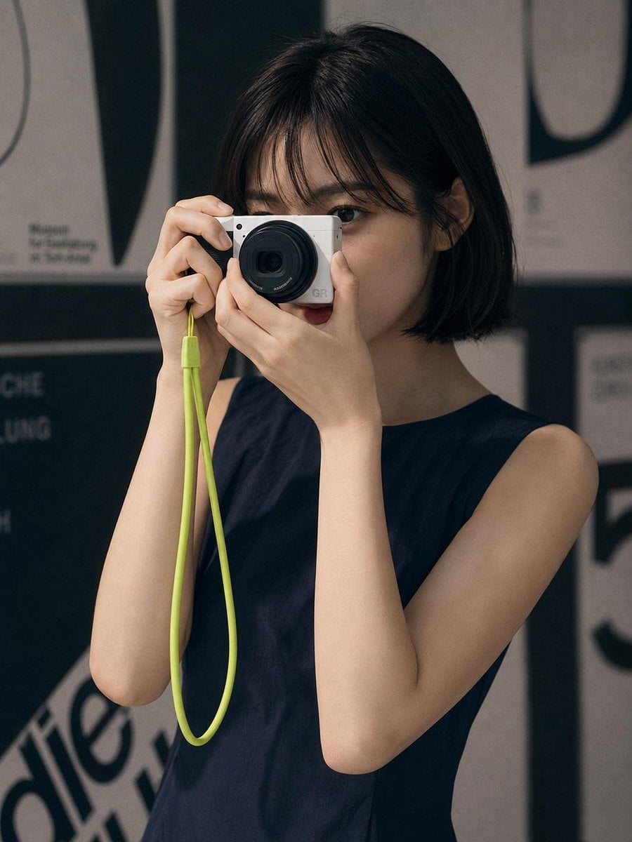 A minimalist editorial fashion photoshoot featuring a young woman with a short b
