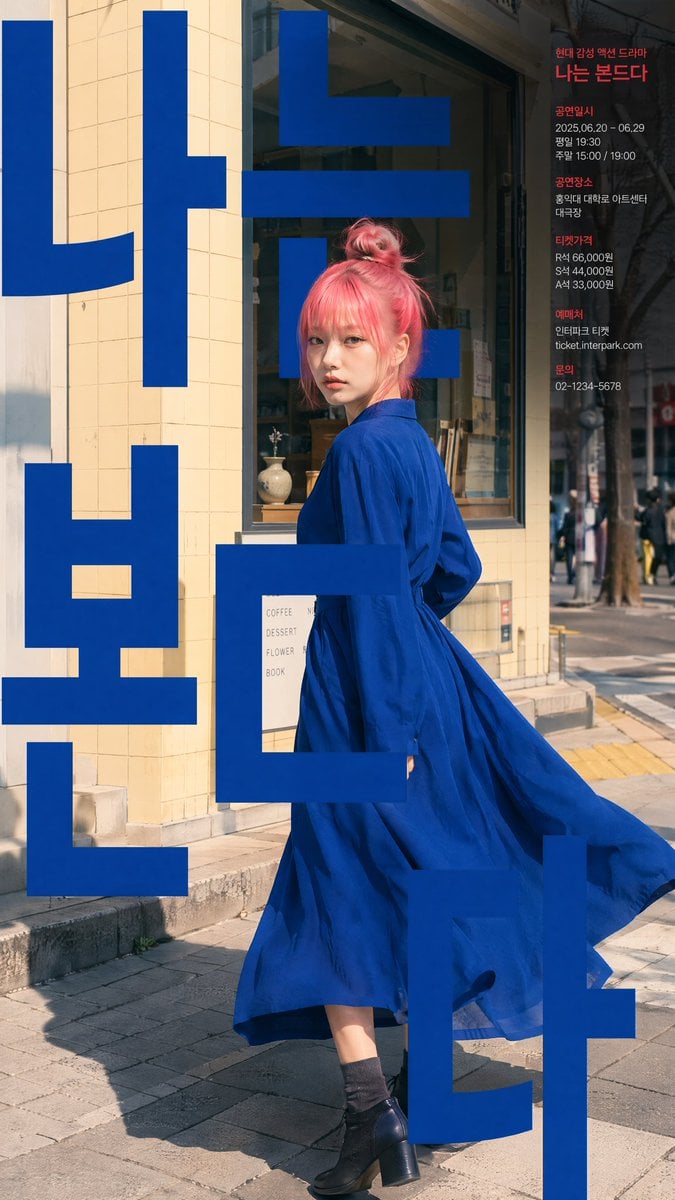 A modern Korean theater poster design, referencing the character in the image. T
