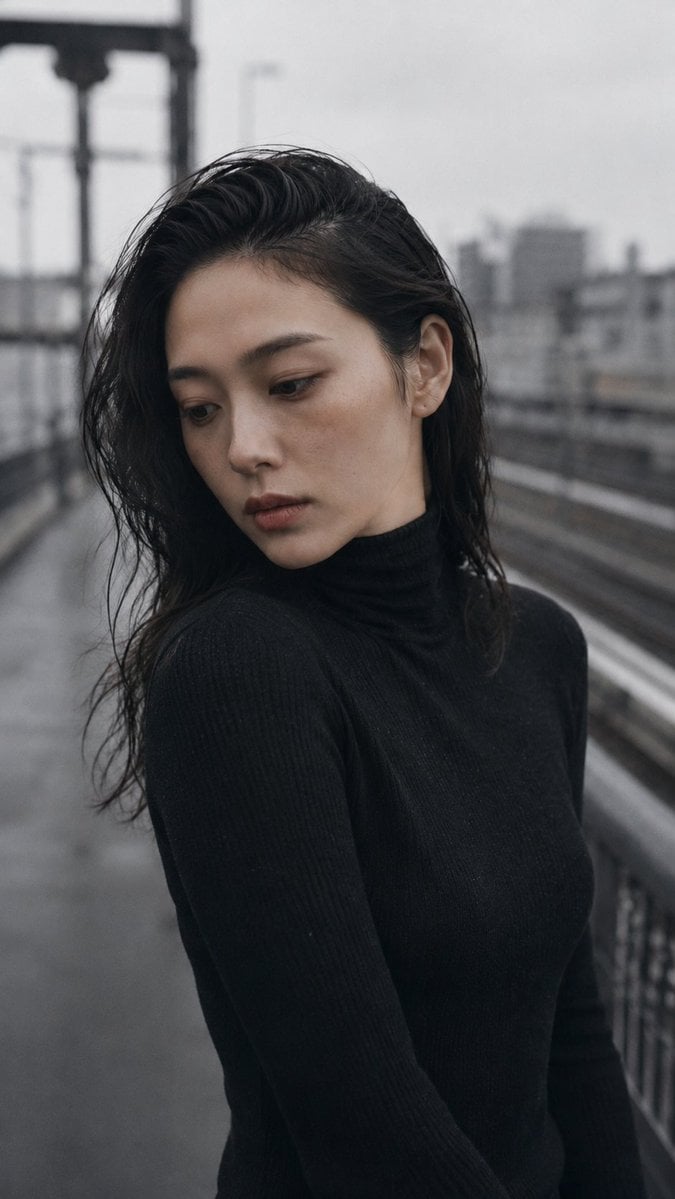 Portrait shot on 85mm f/2, close-up of a Japanese woman in her late 20s, dark wa