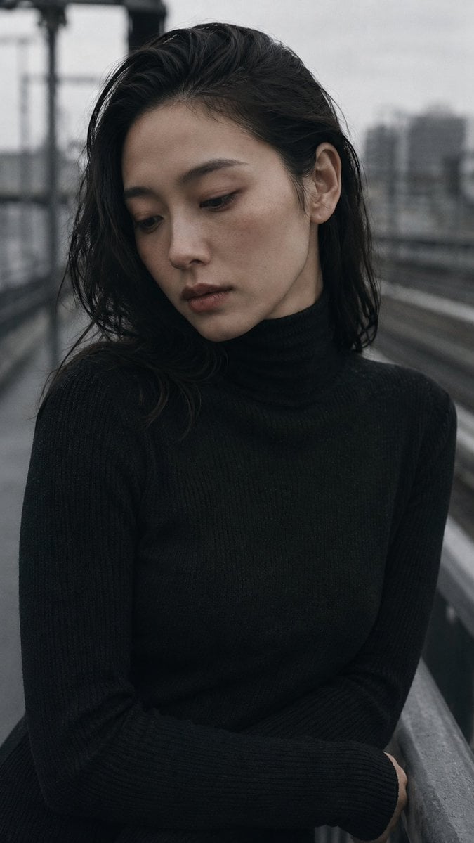Portrait shot on 85mm f/2, close-up of a Japanese woman in her late 20s, dark wa