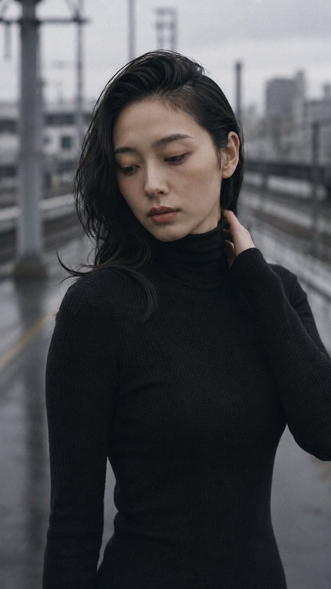 Portrait shot on 85mm f/2, close-up of a Japanese woman in her late 20s, dark wa