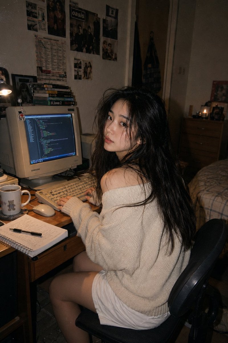 A photorealistic lifestyle portrait of a young East Asian woman seated casually 