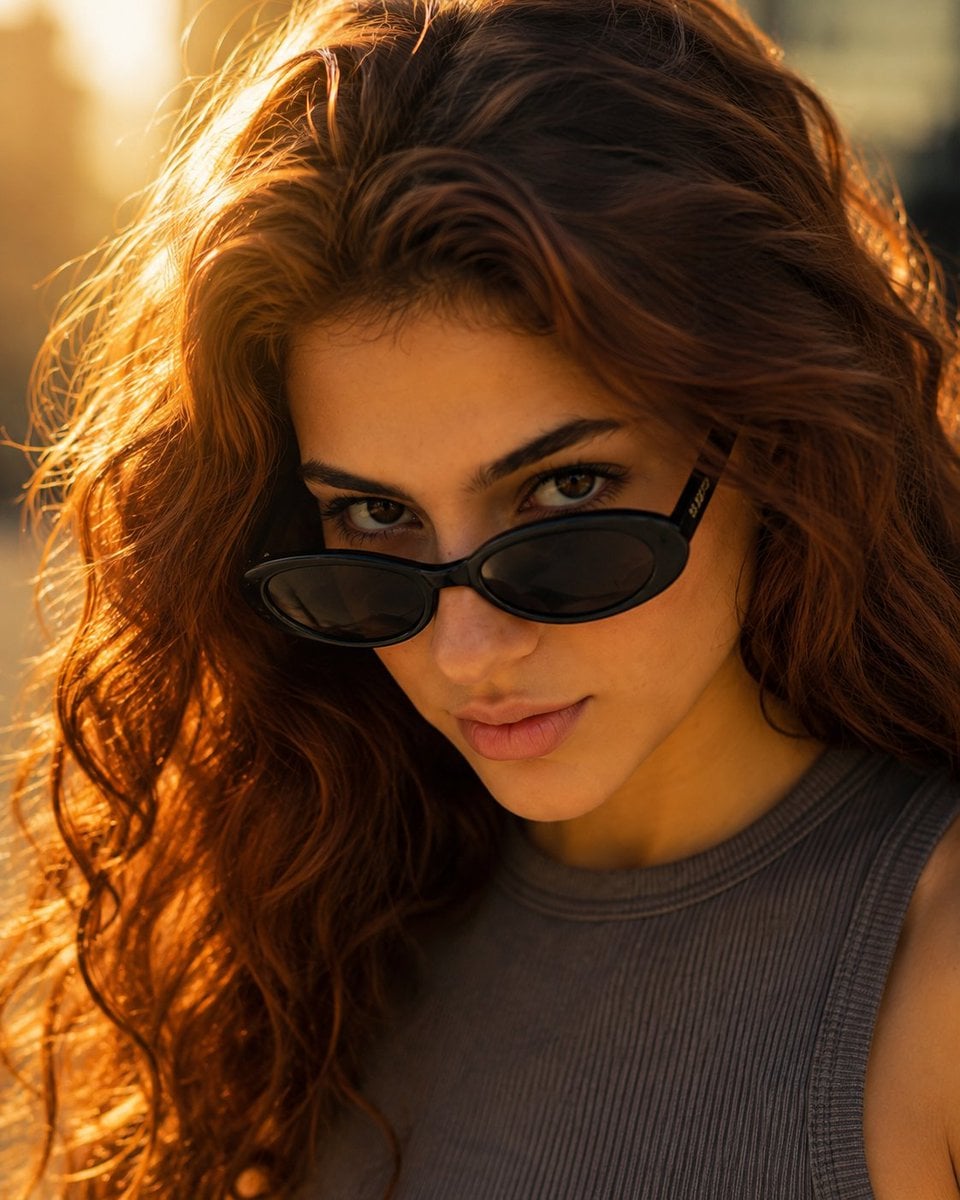 Street-style fashion portrait of young woman with long wavy auburn hair glowing 