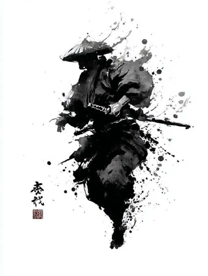 A lone samurai / ronin warrior rendered in traditional Japanese sumi-e ink wash 