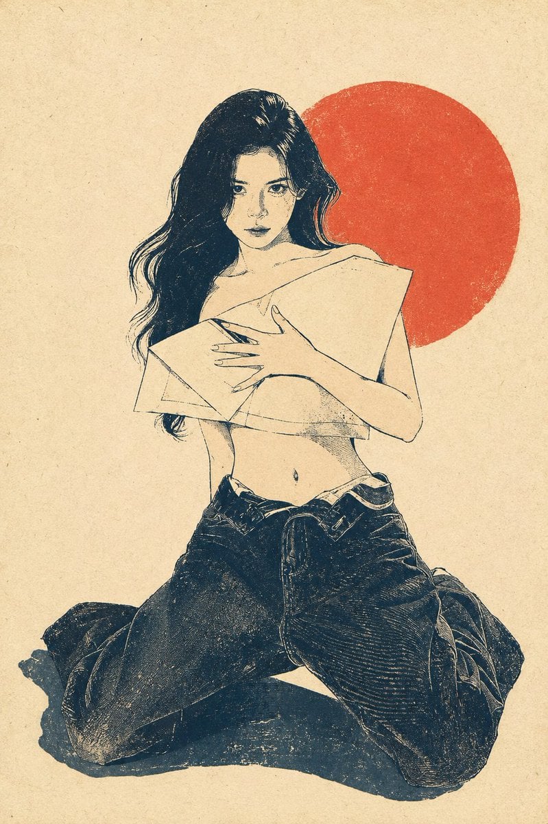 一张极简复古日式版画风插画，主体为[Subject]，画面保留大面积米白色、象牙白或淡奶油色纸张背景，背景带有细腻纸纹、轻微老化感、手工印刷颗粒和柔和噪点。
主