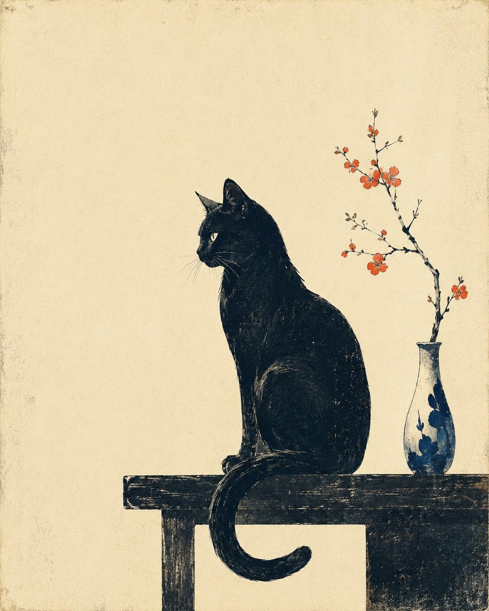 一张极简复古日式版画风插画，主体为[Subject]，画面保留大面积米白色、象牙白或淡奶油色纸张背景，背景带有细腻纸纹、轻微老化感、手工印刷颗粒和柔和噪点。
主