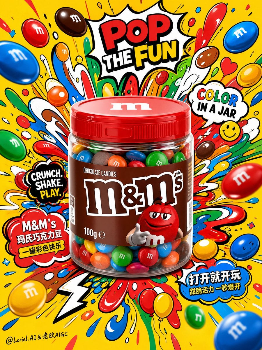 Create an ultra-vibrant commercial poster for M&M’s chocolate candies, featuring