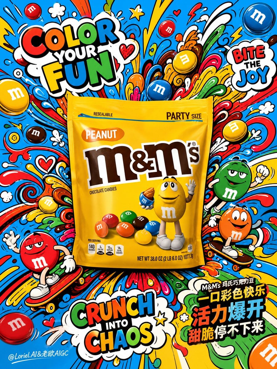 Create an ultra-vibrant commercial poster for M&M’s chocolate candies, featuring