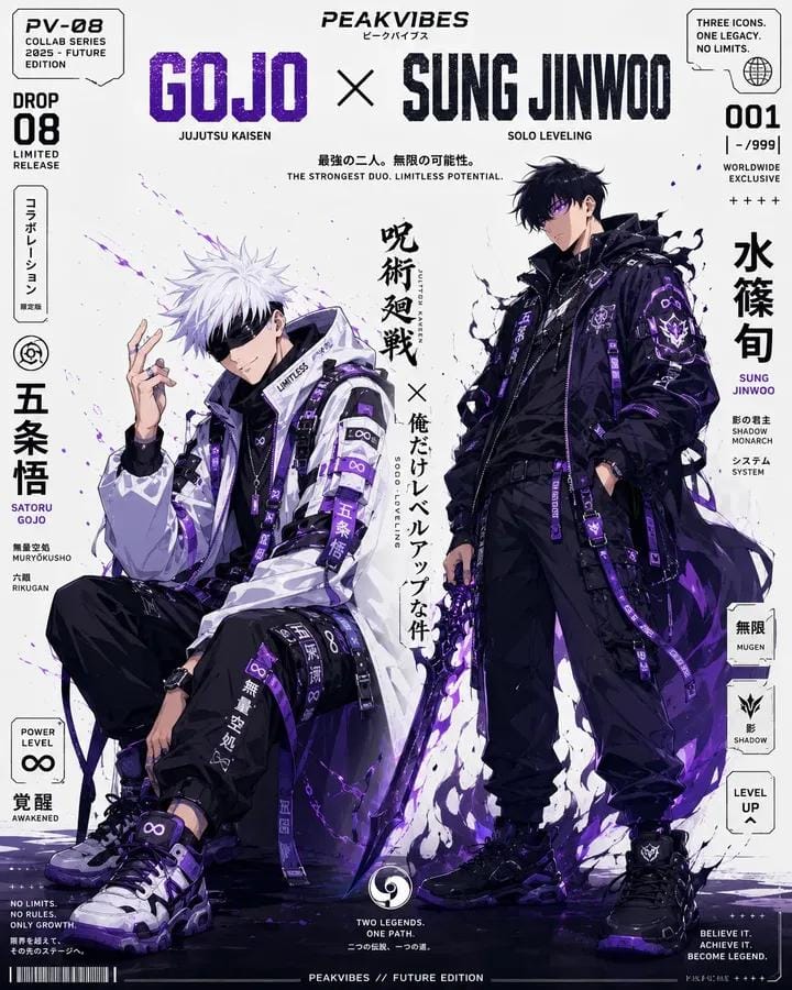 Ultra-detailed anime streetwear crossover poster design, premium hypebeast edito