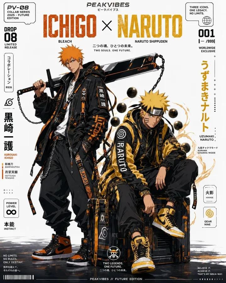 Ultra-detailed anime streetwear crossover poster design, premium hypebeast edito