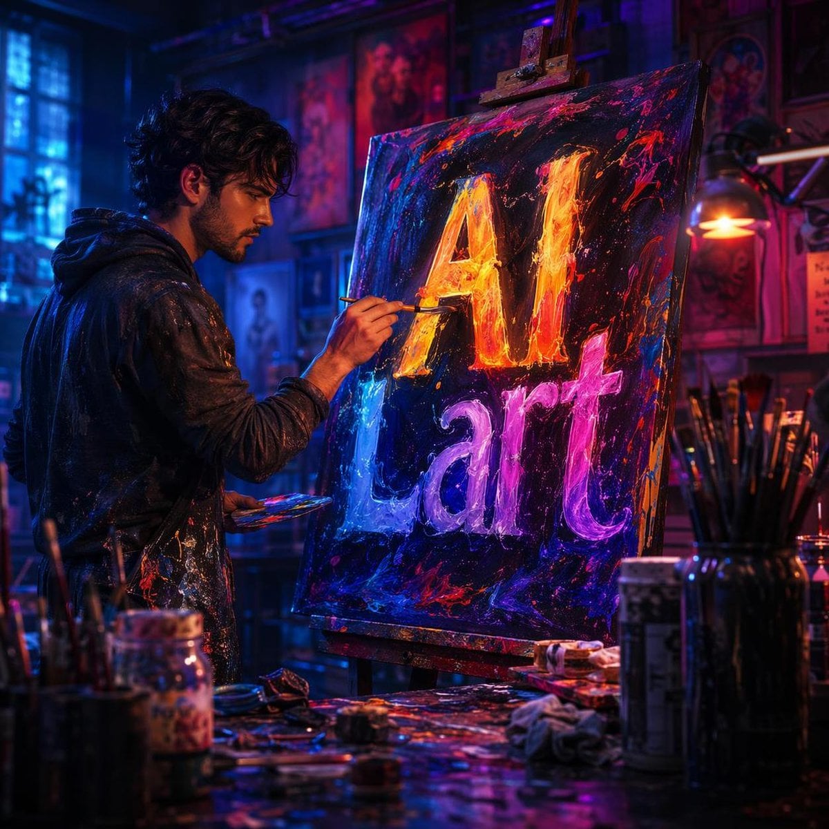 Prompt 1 – Colorful AI Lart Painting Studio (Day Scene, 8K)
A talented young mal