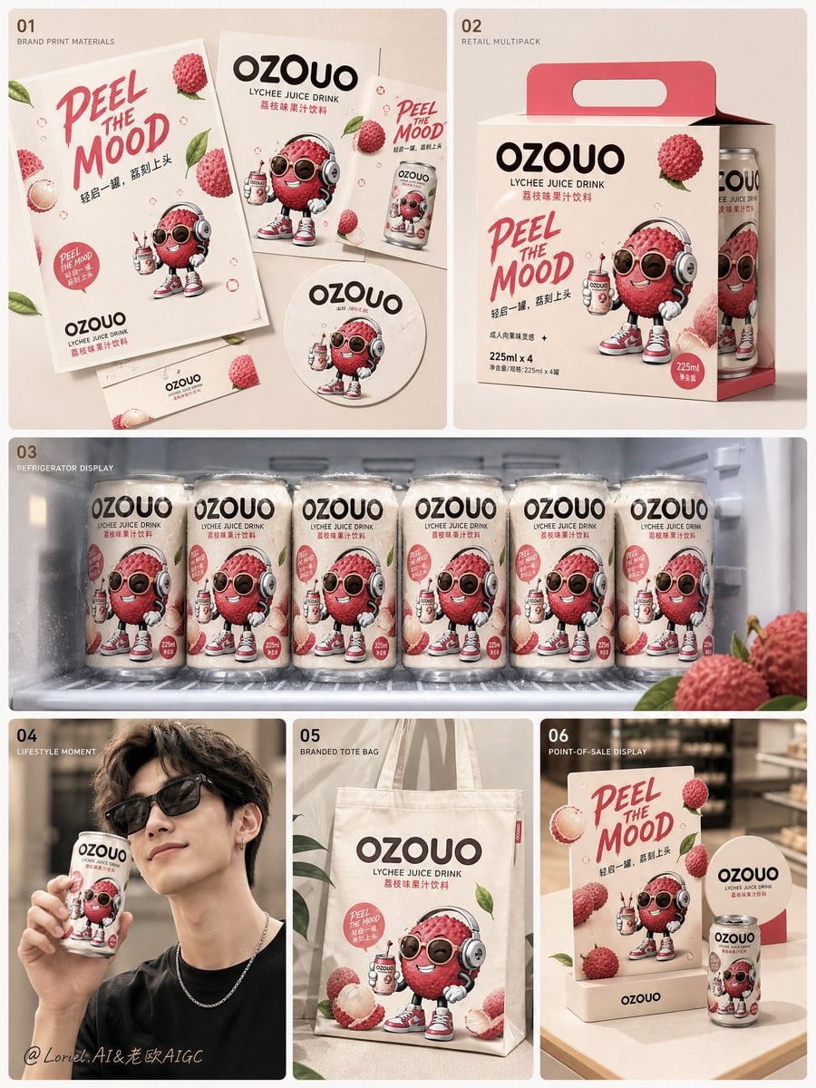 Create the third image of the unified brand visual system for “OZOUO” fruit drin