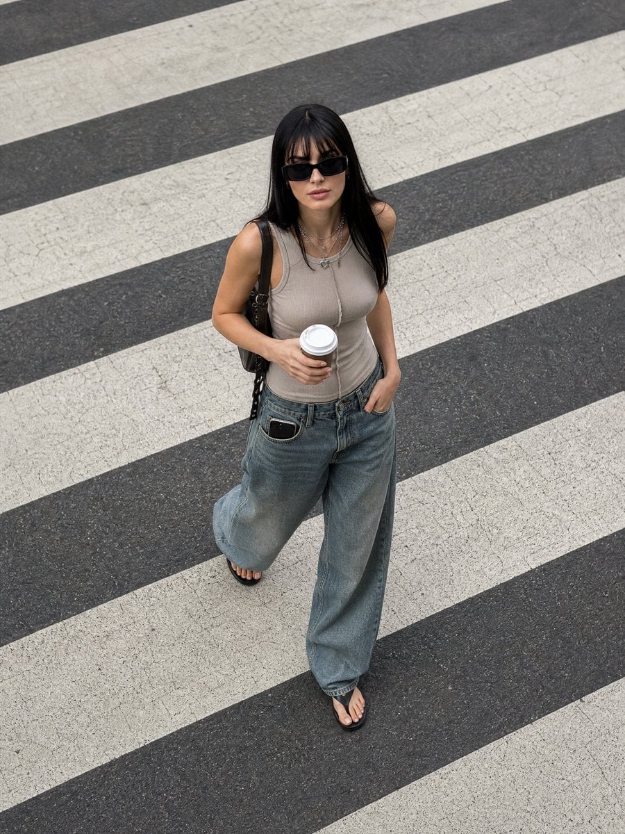 A beautiful young European woman walking across a wide urban zebra crossing, cap