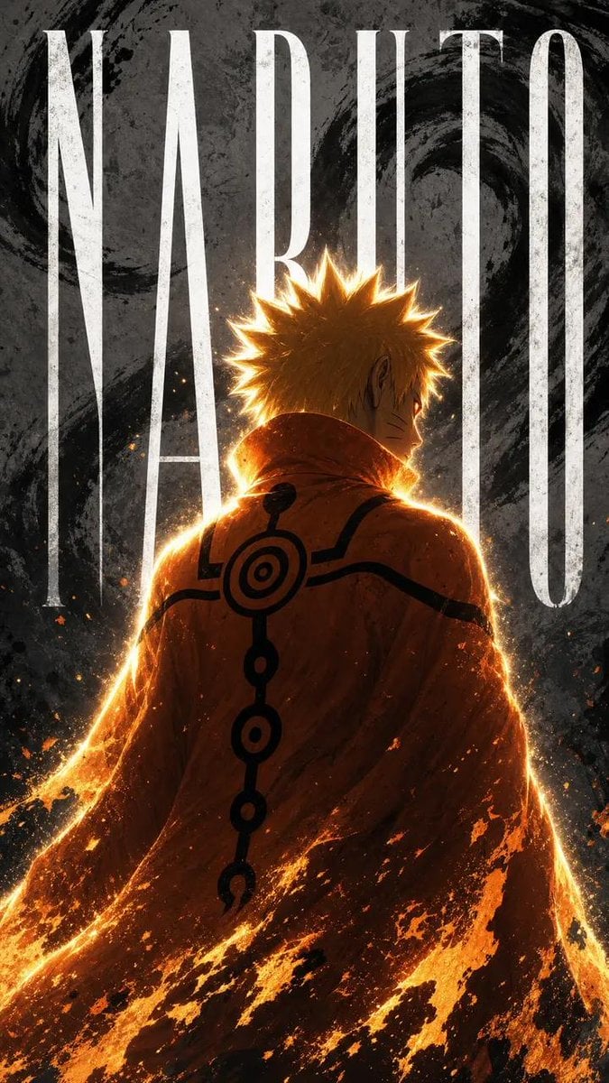 Ultra-detailed dark anime poster of Naruto Uzumaki in Baryon Mode, glowing amber